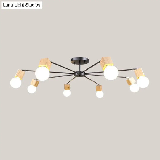 Semi Flush Industrial Ceiling Lamp With Wood Accents - 3/5-Light Metal Open Bulb Fixture For Bedroom