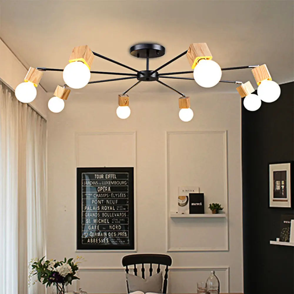 Semi Flush Industrial Ceiling Lamp With Wood Accents - 3/5-Light Metal Open Bulb Fixture For