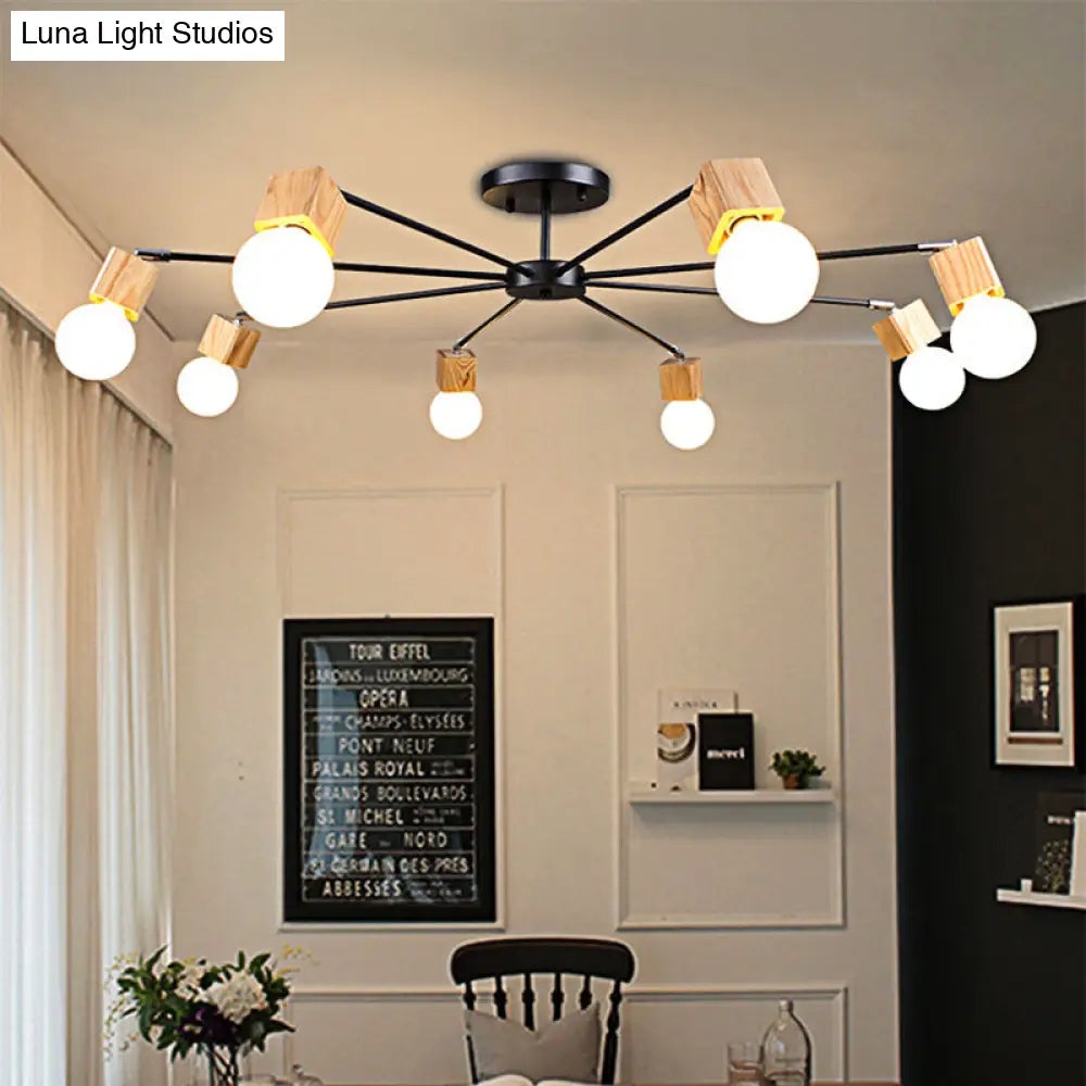 Semi Flush Industrial Ceiling Lamp With Wood Accents - 3/5-Light Metal Open Bulb Fixture For Bedroom
