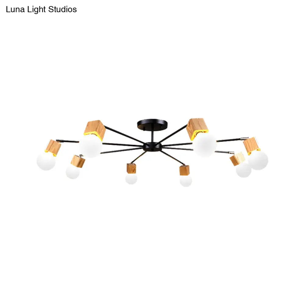 Semi Flush Industrial Ceiling Lamp With Wood Accents - 3/5-Light Metal Open Bulb Fixture For Bedroom