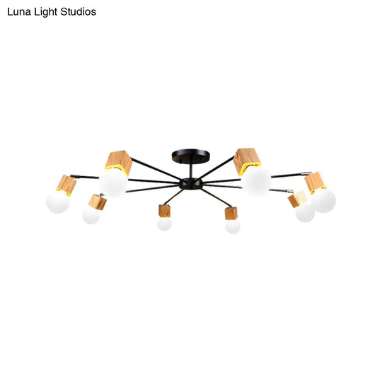 Semi Flush Industrial Ceiling Lamp With Wood Accents - 3/5-Light Metal Open Bulb Fixture For Bedroom