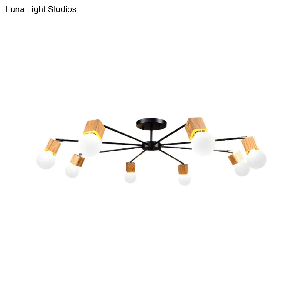 Semi Flush Industrial Ceiling Lamp With Wood Accents - 3/5-Light Metal Open Bulb Fixture For Bedroom