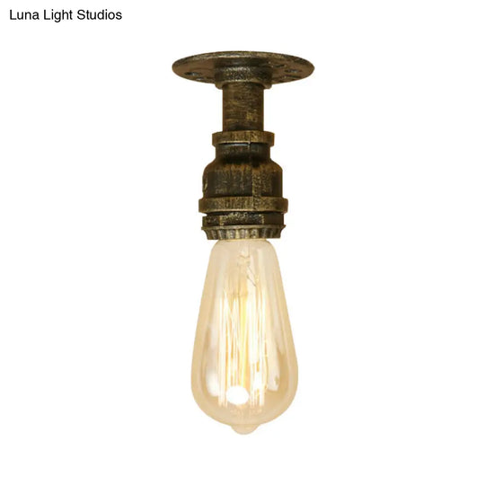 Semi Flush Industrial Rustic Ceiling Lamp - Open Bulb Iron Head In Bronze/Antique Brass For