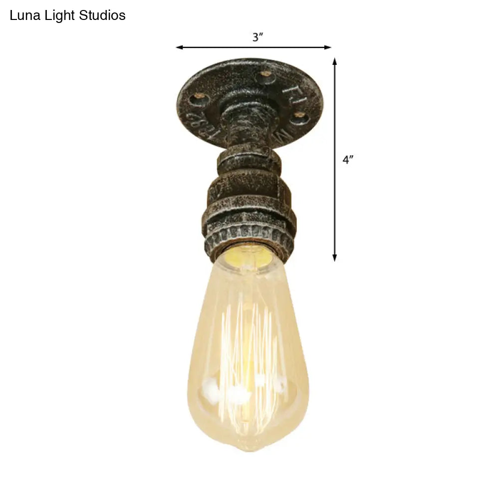 Semi Flush Industrial Rustic Ceiling Lamp - Open Bulb Iron Head In Bronze/Antique Brass For