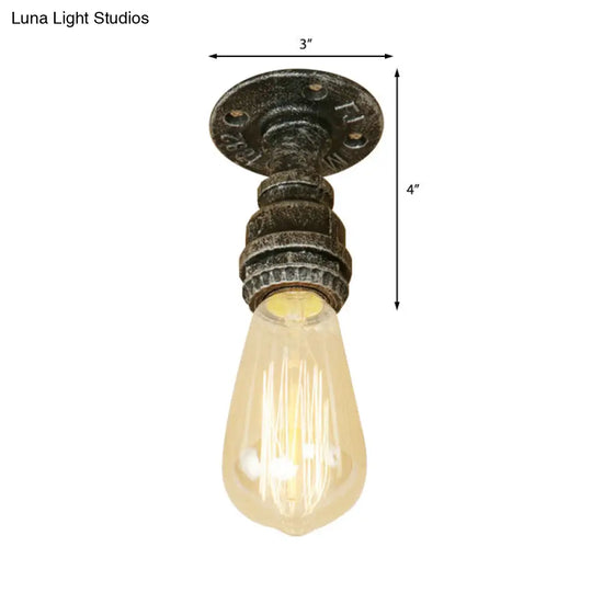 Semi Flush Industrial Rustic Ceiling Lamp - Open Bulb Iron Head In Bronze/Antique Brass For