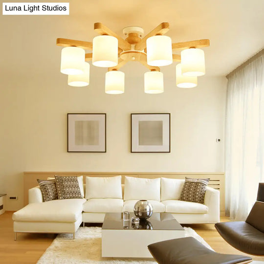 Semi Flush Japanese Cream Glass Ceiling Mount Chandelier - Wood Finish