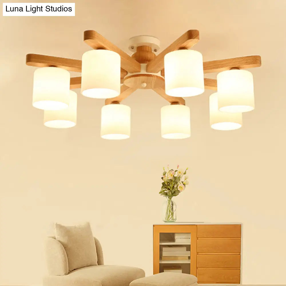 Semi Flush Japanese Cream Glass Ceiling Mount Chandelier - Wood Finish