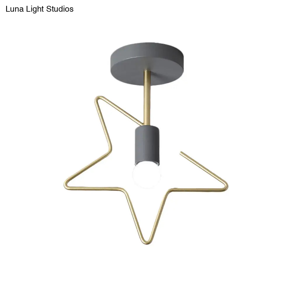 Semi Flush Macaron Iron Ceiling Light With Star/Loving Heart Frame - 1-Light Grey/White/Green Finish
