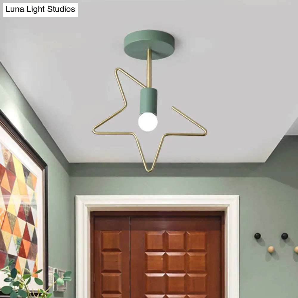 Semi Flush Macaron Iron Ceiling Light With Star/Loving Heart Frame - 1-Light Grey/White/Green Finish