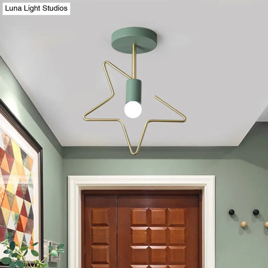 Semi Flush Macaron Iron Ceiling Light With Star/Loving Heart Frame - 1-Light Grey/White/Green Finish