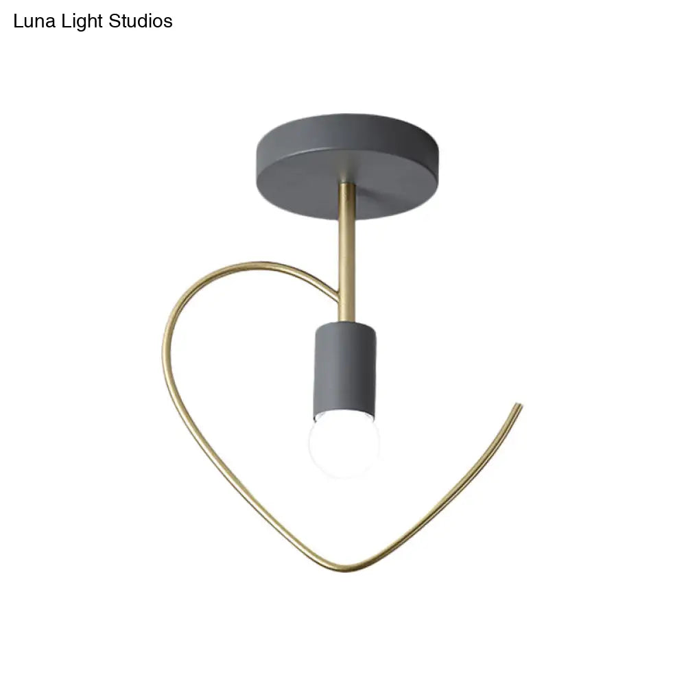 Semi Flush Macaron Iron Ceiling Light With Star/Loving Heart Frame - 1-Light Grey/White/Green Finish