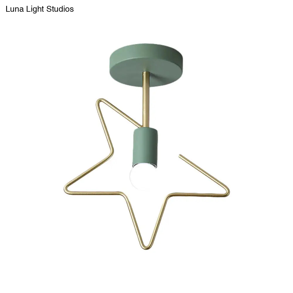 Semi Flush Macaron Iron Ceiling Light With Star/Loving Heart Frame - 1-Light Grey/White/Green Finish