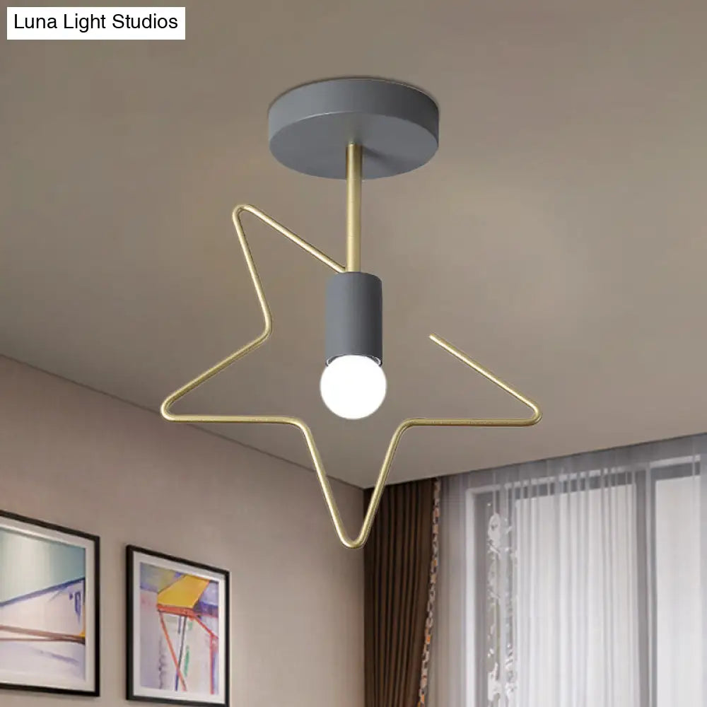 Semi Flush Macaron Iron Ceiling Light With Star/Loving Heart Frame - 1-Light Grey/White/Green Finish