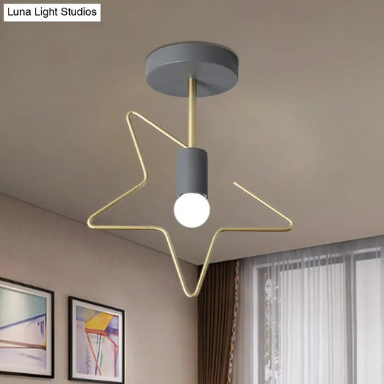 Semi Flush Macaron Iron Ceiling Light With Star/Loving Heart Frame - 1-Light Grey/White/Green Finish