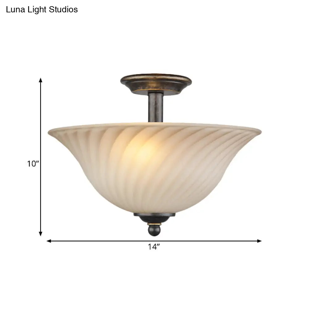 Semi Flush Mount 3-Head White Glass Light In Countryside Bronze Finish - Ideal For Curved Bedroom