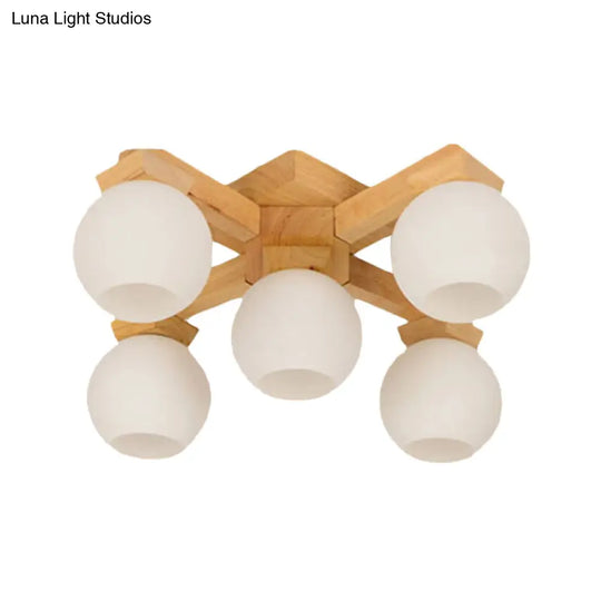 Semi Flush Mount Asian Ceiling Light Fixture - Wood Global Design With 5 Bulbs And White Frosted