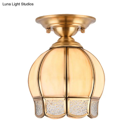 Semi Flush Mount Brass Lamp With Milk Glass Shade - Ceiling Light For Balcony