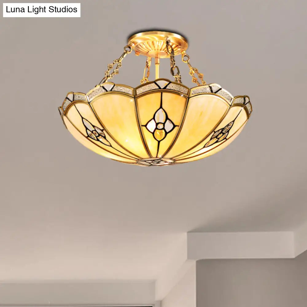Semi-Flush Mount Colonial Bedroom Light Fixture - 4 Bulbs Frosted Glass Brass Finish Close To