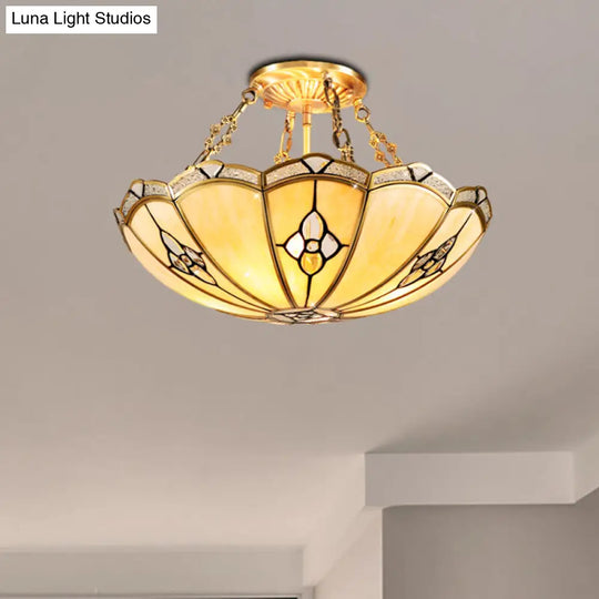 Semi-Flush Mount Colonial Bedroom Light Fixture - 4 Bulbs Frosted Glass Brass Finish Close To