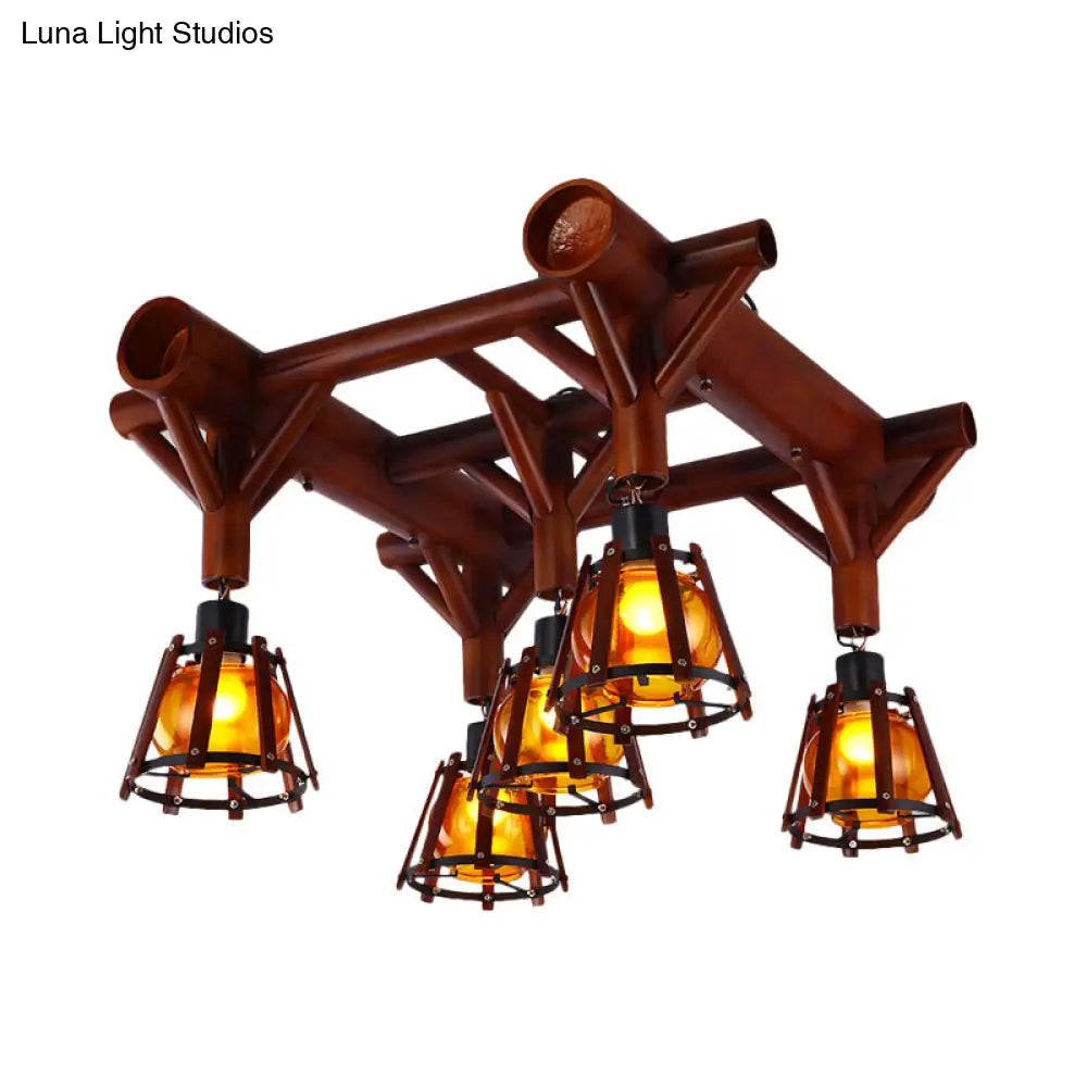 Semi Flush Mount Conical Cage Wood Ceiling Light Fixture - 5 Heads Country Style In Brown