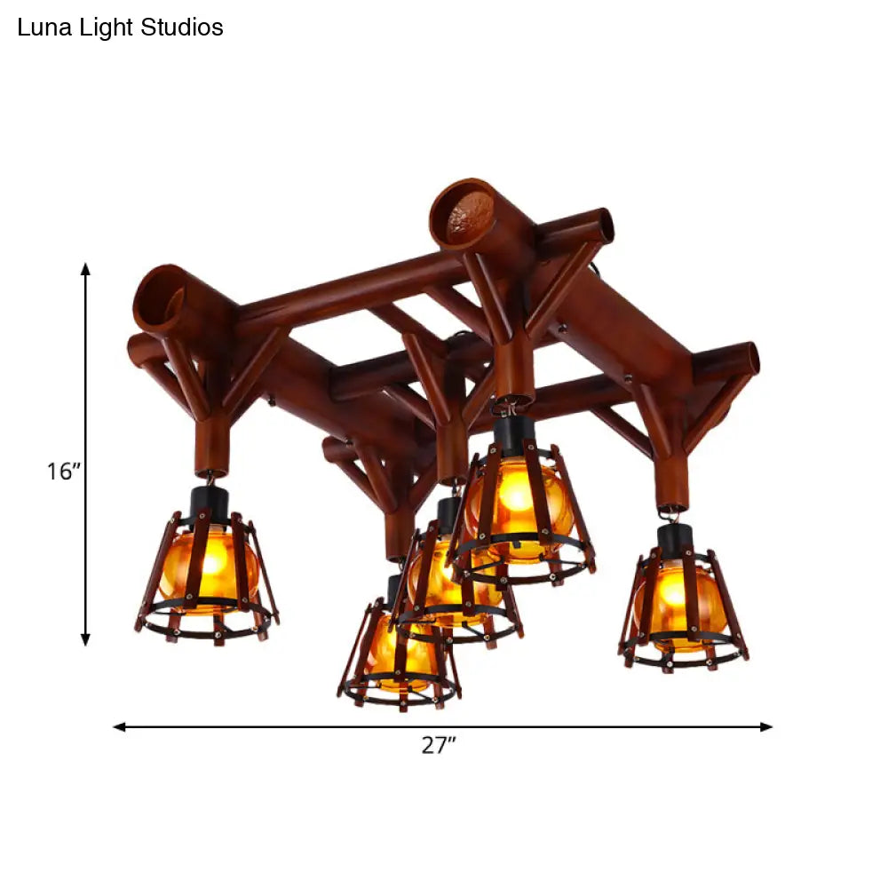 Semi Flush Mount Conical Cage Wood Ceiling Light Fixture - 5 Heads Country Style In Brown