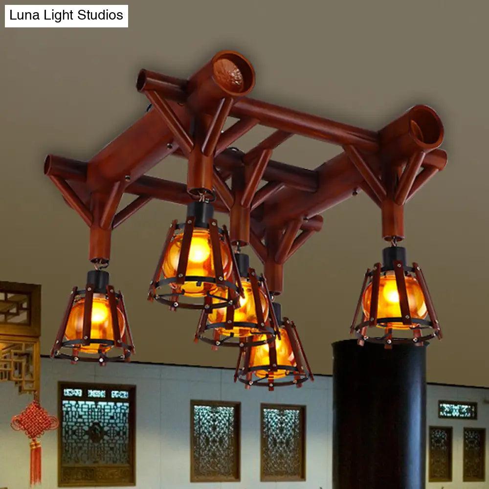 Semi Flush Mount Conical Cage Wood Ceiling Light Fixture - 5 Heads Country Style In Brown
