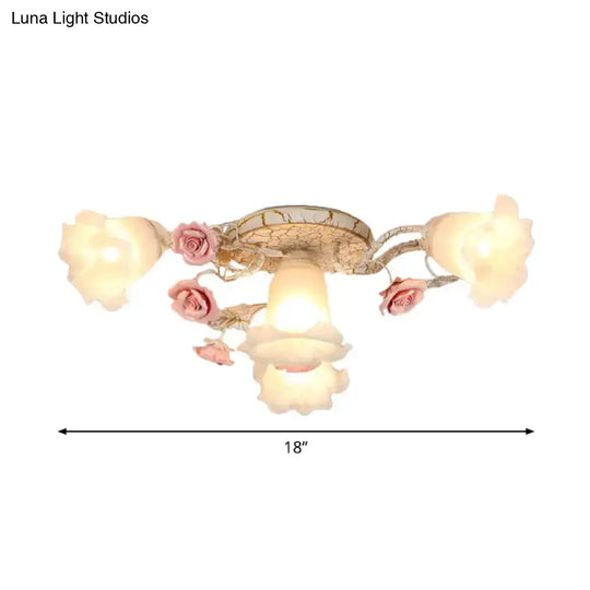 Semi Flush Mount Korean Garden Ceiling Light With Floral Frosted Glass Shade - 4/6/7 Heads