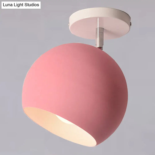 Semi Flush Mount Macaron Metal Ceiling Light For Living Room - Dome Style Pink