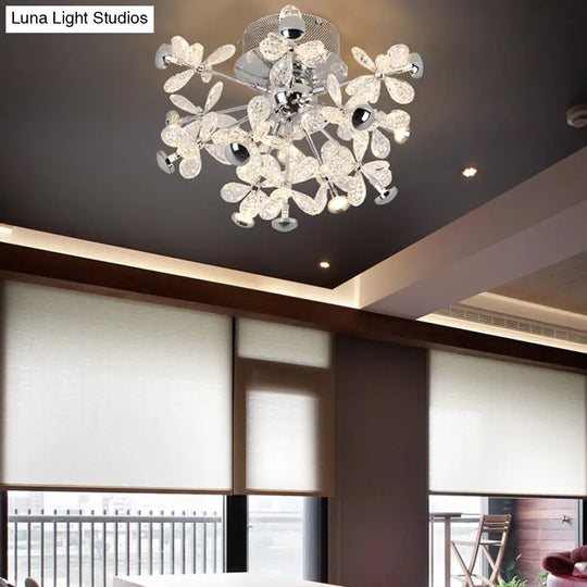 Semi Flush Mount Modernist Flower Crystal Ceiling Lamp - 13 Heads Silver Finish For Living Room