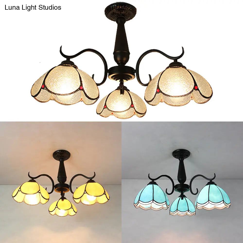 Semi Flush Mount Stained Glass Ceiling Light Fixture With 3 Domed Retro Style Heads -