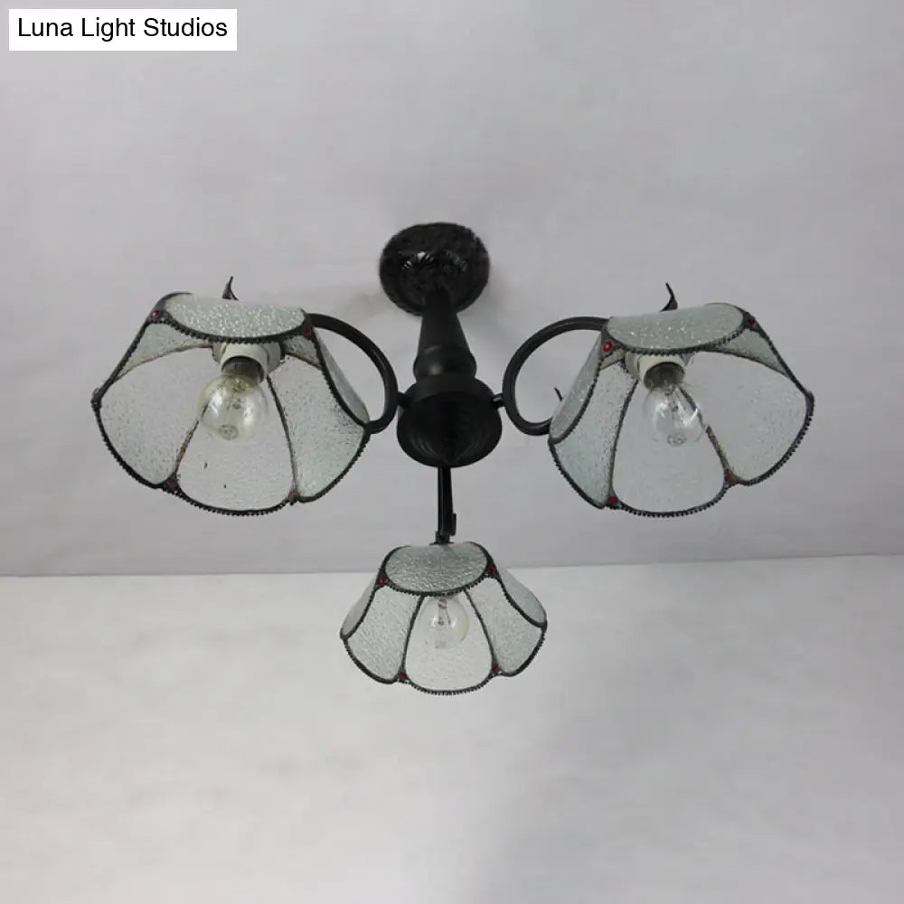 Semi Flush Mount Stained Glass Ceiling Light Fixture With 3 Domed Retro Style Heads -