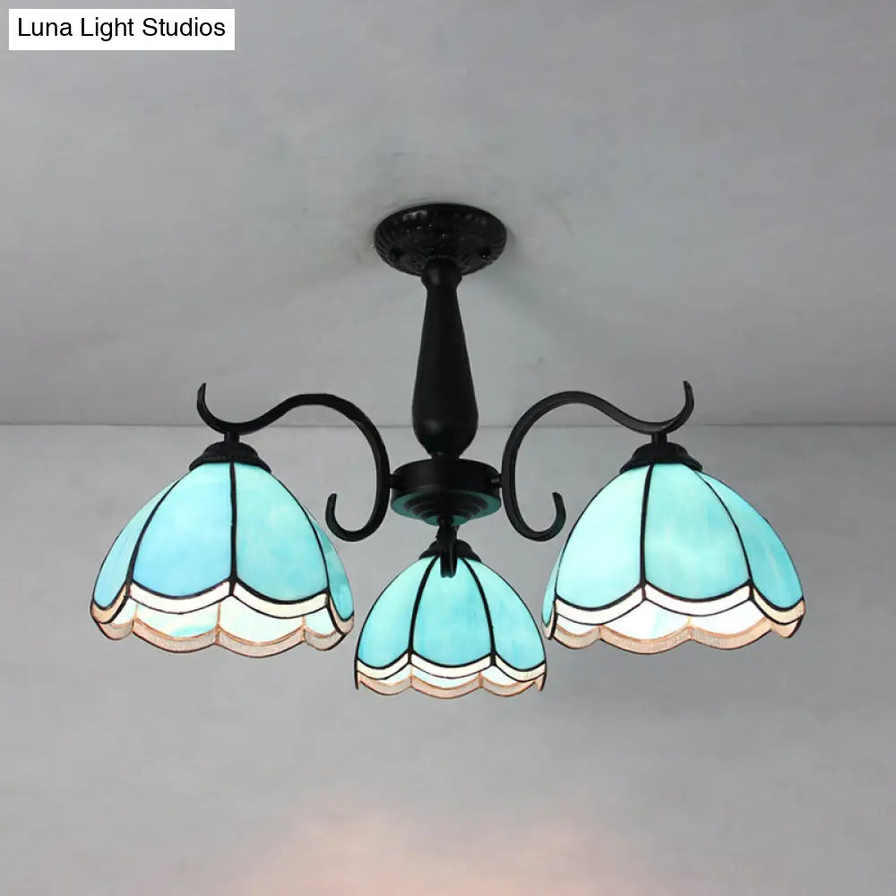 Semi Flush Mount Stained Glass Ceiling Light Fixture With 3 Domed Retro Style Heads -