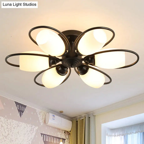 Semi Flush Mount Traditional Flower Shaped Ceiling Light: 3/6/8 Lights White Glass Black Ideal For