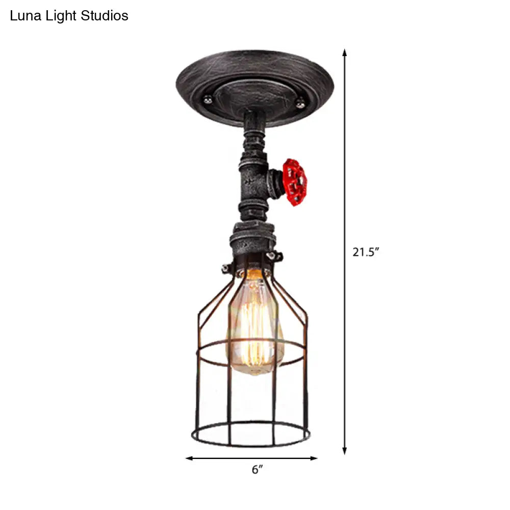 Semi Flush Mount Warehouse Wire Cage Light With Valve Wheel - 1 Bulb Wrought Iron Ceiling Lighting