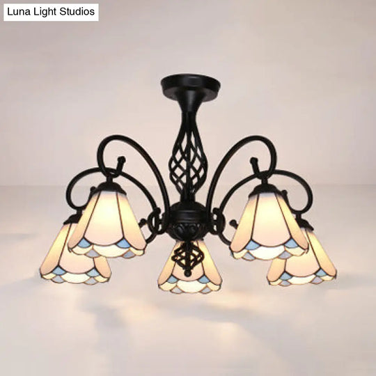 Semi Flush Tiffany Lighting With Curved Arm - Choose From 3 5 Or 6 Lights Stained Glass In White
