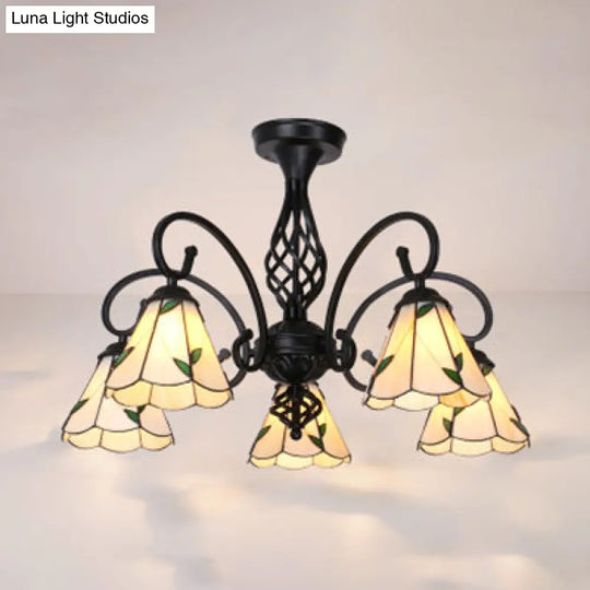 Semi Flush Tiffany Lighting With Curved Arm - Choose From 3 5 Or 6 Lights Stained Glass In White