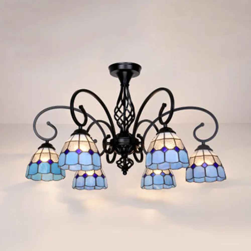 Semi Flush Tiffany Lighting With Curved Arm - Choose From 3 5 Or 6 Lights Stained Glass In White