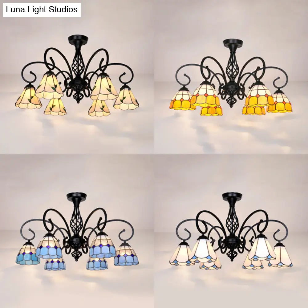 Semi Flush Tiffany Lighting With Curved Arm - Choose From 3 5 Or 6 Lights Stained Glass In White