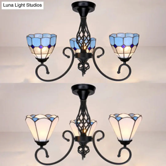 Semi Flush Tiffany Lighting With Curved Arm - Choose From 3 5 Or 6 Lights Stained Glass In White