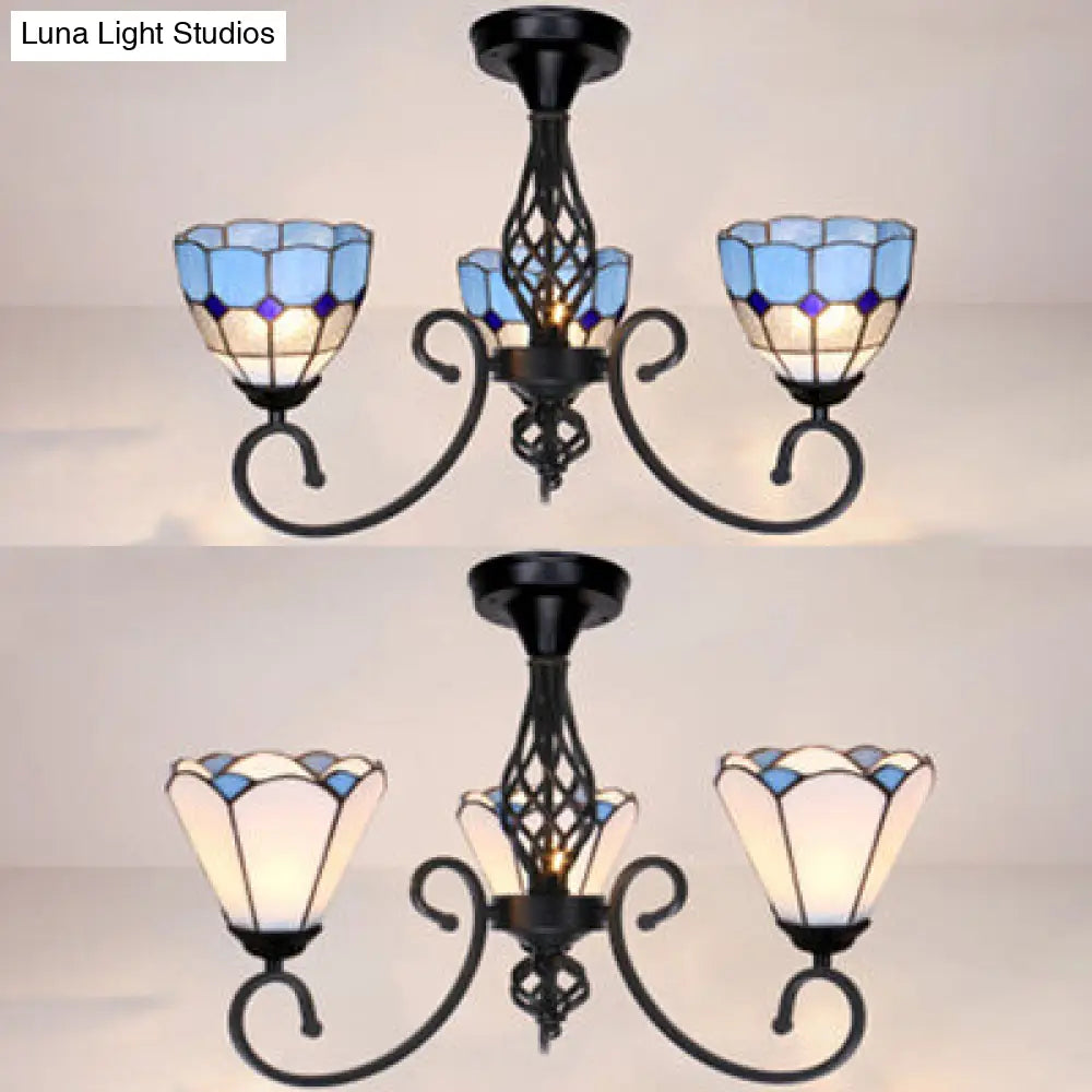 Semi Flush Tiffany Lighting With Curved Arm - Choose From 3 5 Or 6 Lights Stained Glass In White