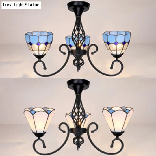 Semi Flush Tiffany Lighting With Curved Arm - Choose From 3 5 Or 6 Lights Stained Glass In White