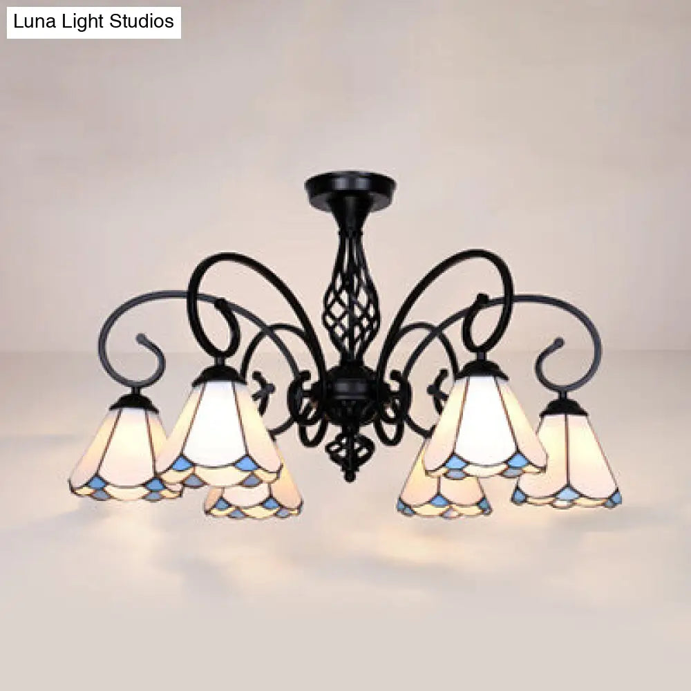 Semi Flush Tiffany Lighting With Curved Arm - Choose From 3 5 Or 6 Lights Stained Glass In White