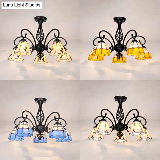 Semi Flush Tiffany Lighting With Curved Arm - Choose From 3 5 Or 6 Lights Stained Glass In White