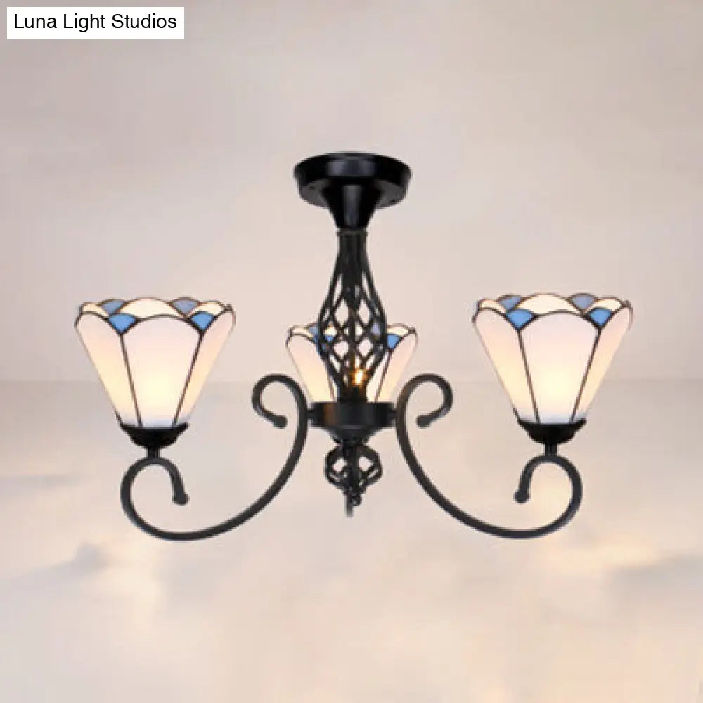Semi Flush Tiffany Lighting With Curved Arm - Choose From 3 5 Or 6 Lights Stained Glass In White