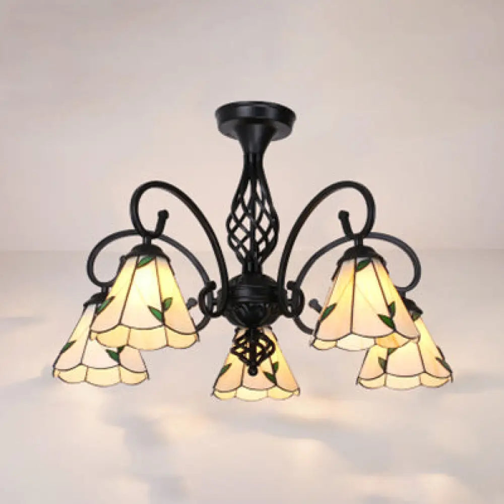 Semi Flush Tiffany Lighting With Curved Arm - Choose From 3 5 Or 6 Lights Stained Glass In White