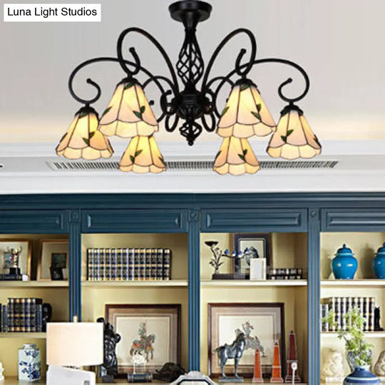 Semi Flush Tiffany Lighting With Curved Arm - Choose From 3 5 Or 6 Lights Stained Glass In White