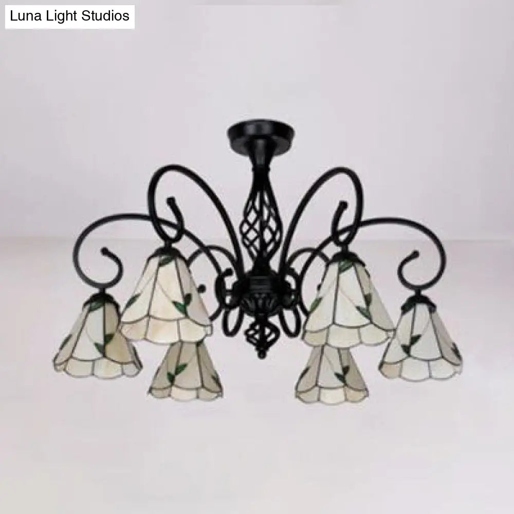 Semi Flush Tiffany Lighting With Curved Arm - Choose From 3 5 Or 6 Lights Stained Glass In White