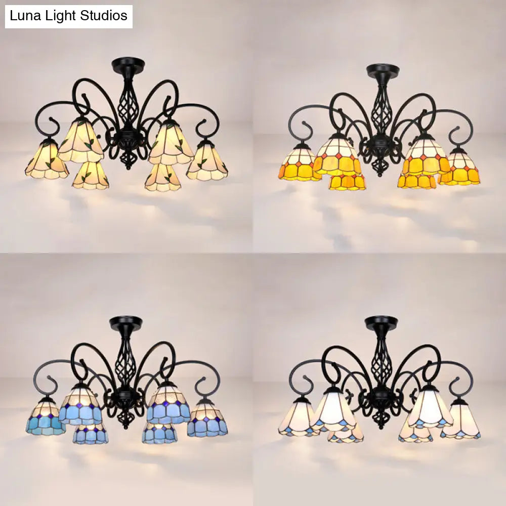 Semi Flush Tiffany Lighting With Curved Arm - Choose From 3 5 Or 6 Lights Stained Glass In White