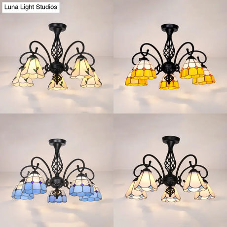 Semi Flush Tiffany Lighting With Curved Arm - Choose From 3 5 Or 6 Lights Stained Glass In White