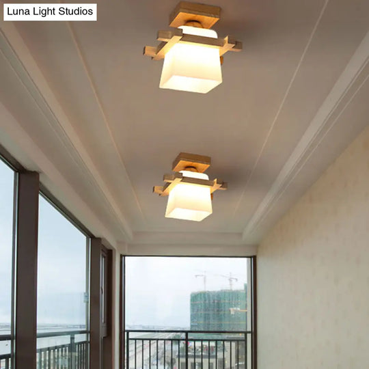 Semi Flush Wood Ceiling Lamp With Hand - Blown Milk Glass Shade For Balcony